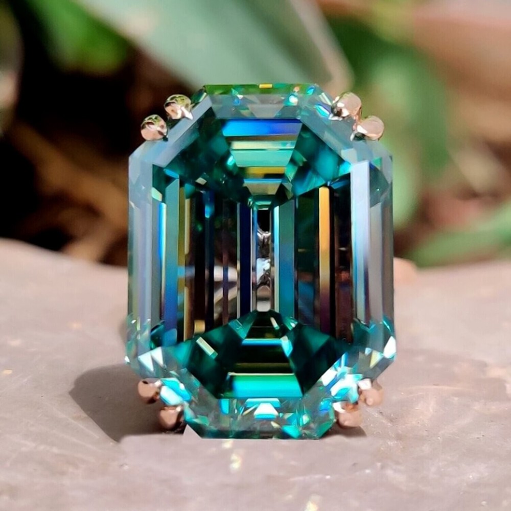 35.20 Ct Emerald Cut Blue Diamond Ring in 925 Silver Solitaire Certified