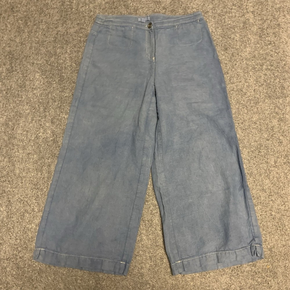 Eileen Fisher Womens Linen Casual Pants Size Large Wide Leg Blue