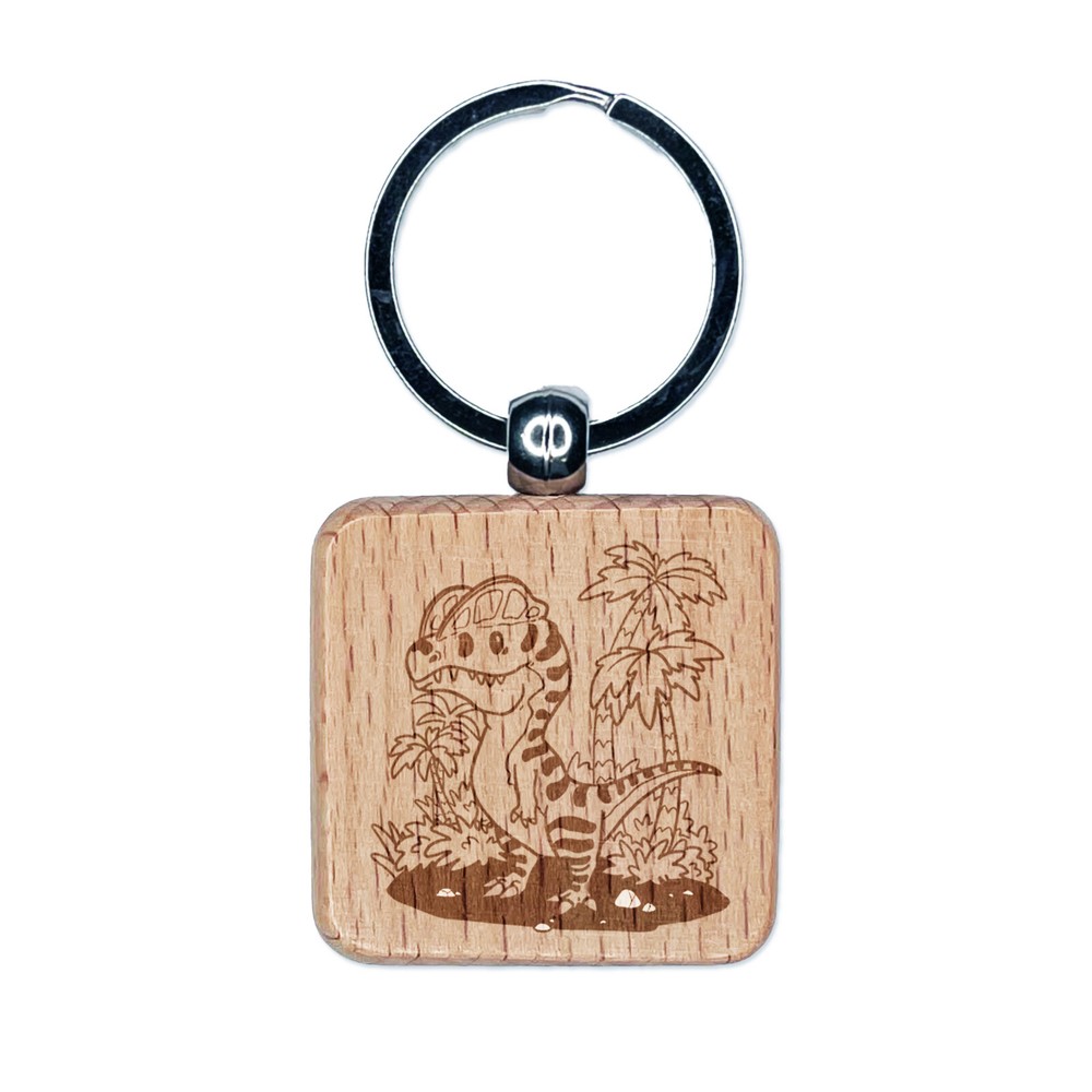 Dilophosaurus Crested Dino Engraved Wooden Square Keychain Charm  
