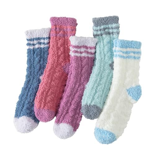 Slipper Socks Fuzzy Socks for Women Warm One Size 5 Pairs Woven Texture, 6-10