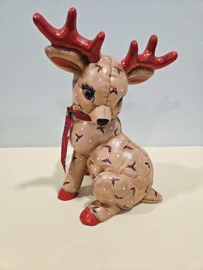Vintage Kimble Mold Quilted Reindeer Ceramic Christmas 1988 Hollies Retro