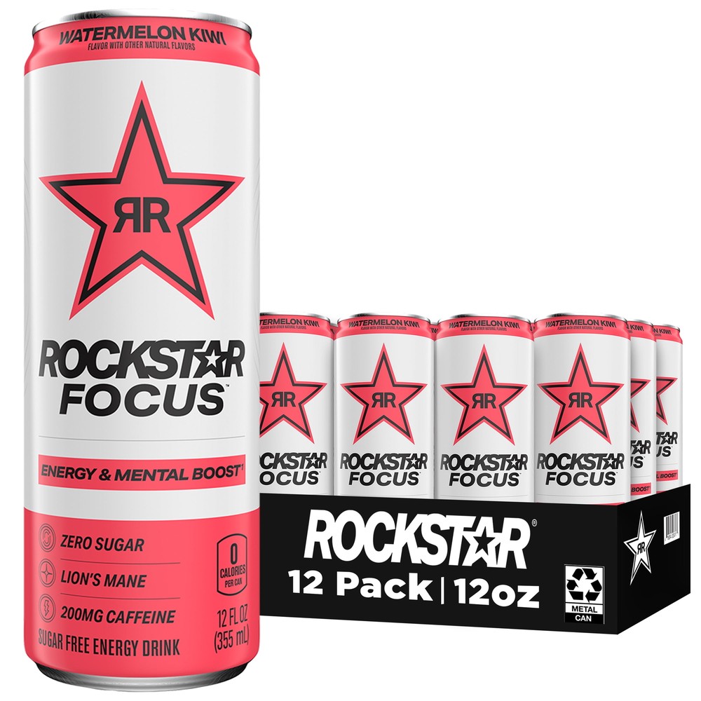 Rockstar Focusゼロシュガーエナジードリンクスイカキウイフレーバー12オンス12パック缶