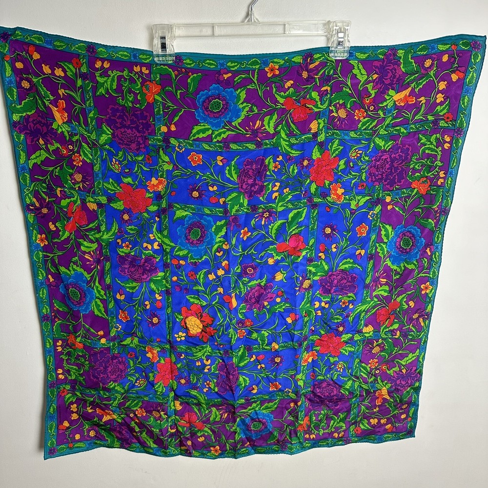Vintage Liz Claiborne 100% Silk Square Scarf Neck Scarf Floral Bright Blue Green