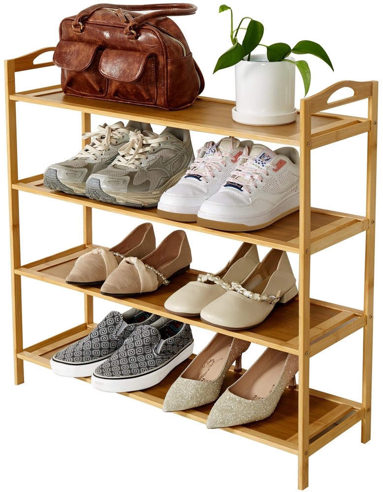4 Tier Stackable Bamboo Shoe Rack for Closet Free Standing Storage