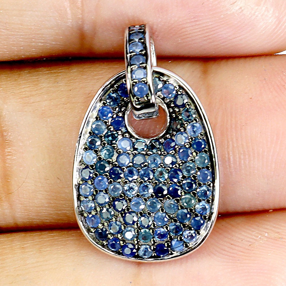 925 Sterling Silver Pendant Blue Sapphire Round Diamond Cut Gemstone Jewelry