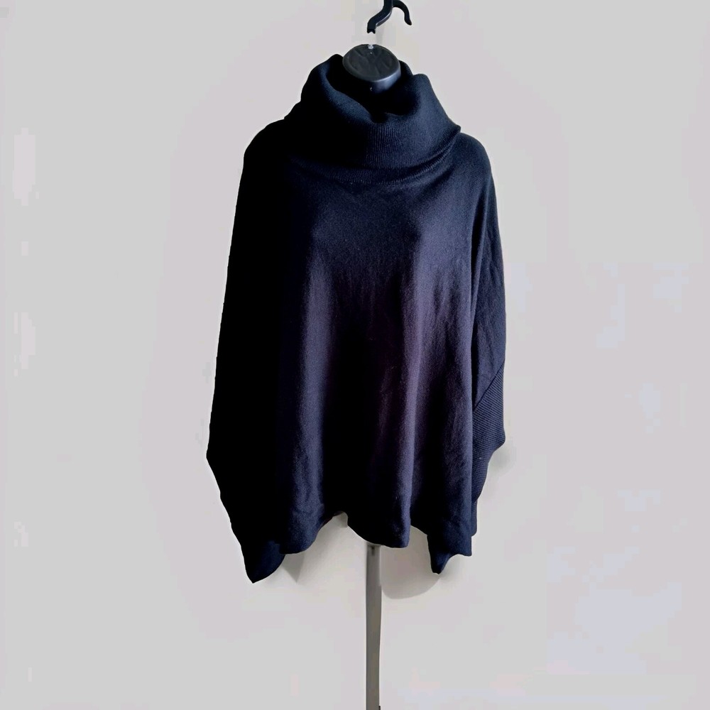 Loft Size Medium To Large Cowl Neck Black Sweater Cape 100% Acrylic Hi Lo Hem