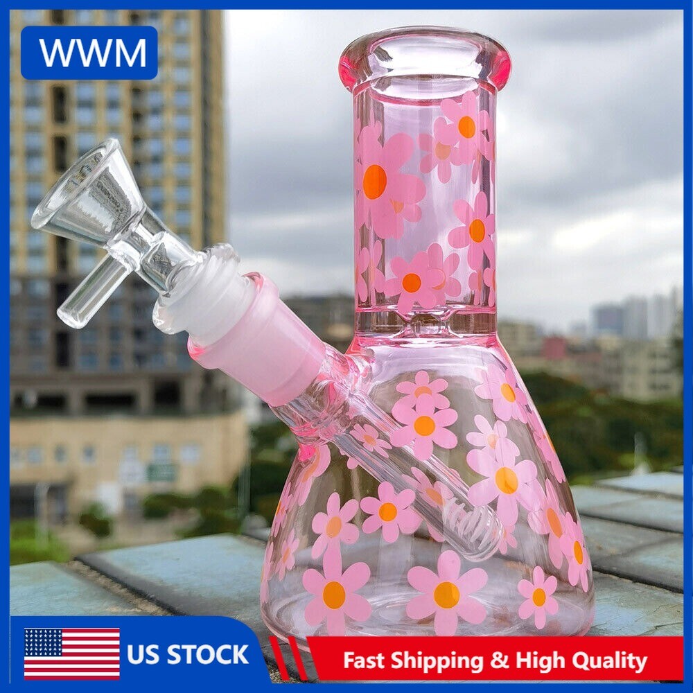 15cm Pink Glass Bong Daisy Printed Hookah Bubbler Water Pipe Smoking Hand Pipes