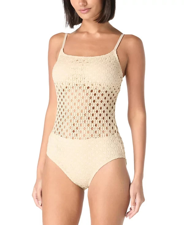 Carmen Marc Valvo Women's Crochet One-Piece Swimsuit, Clay, Size 4 0467