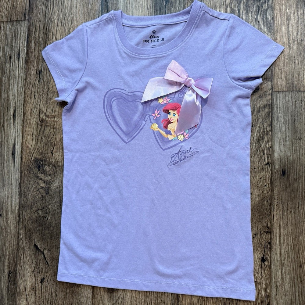 Disney Princess T-Shirt Girls M 7/8 Purple Ariel Graphic Bow Detail NEW