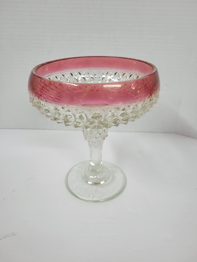 Vintage Diamond Point Ruby Red Rim Glass Compote Candy Dish
