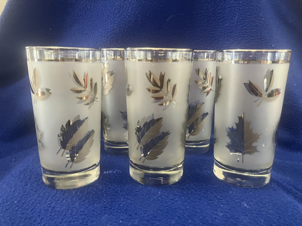 Vintage MCM Silver Leaf Frosted Highball Glasses Set of 6 by Libbey Glass Co