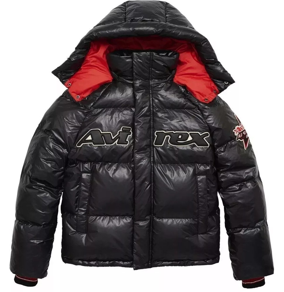 Men's Avirex Puffer Jacket Black with Red Hood Lining