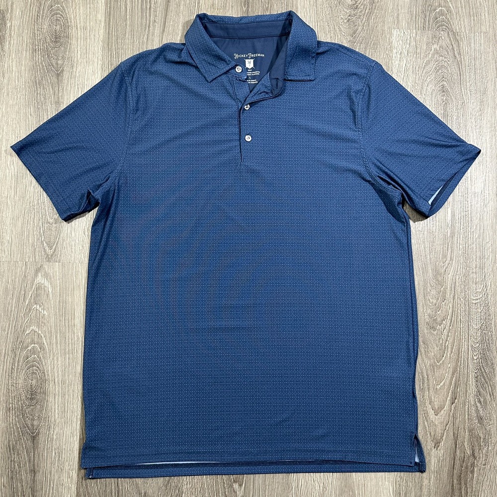 Hickey Freeman Golf Polo Shirt Mens Large Blue Green Geometric Pattern Stretch