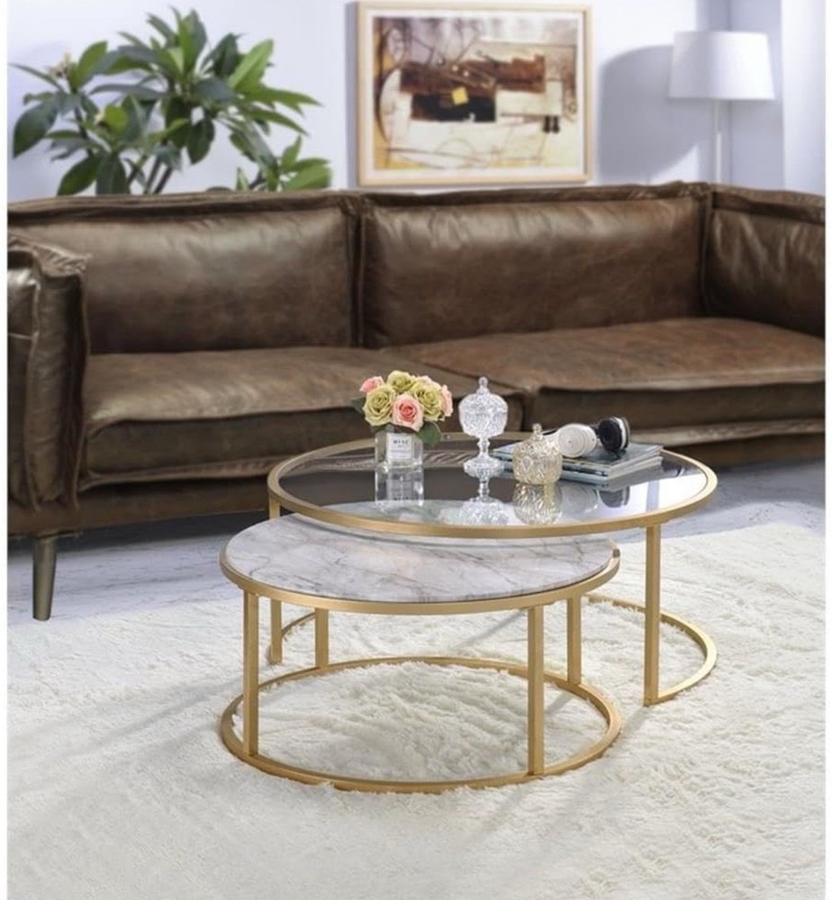Acme Shanish 2-Piece Gold & Clear Round Faux Marble Coffee Table Set