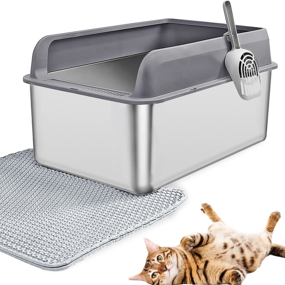 Metal Cat Litter Box Stainless Steel High Sided Open Top with Scoop, XL, Grey