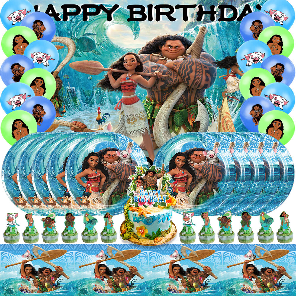 Moana Party Decorations Set Plates Balloons Cake Toppers Banner Tablecloth