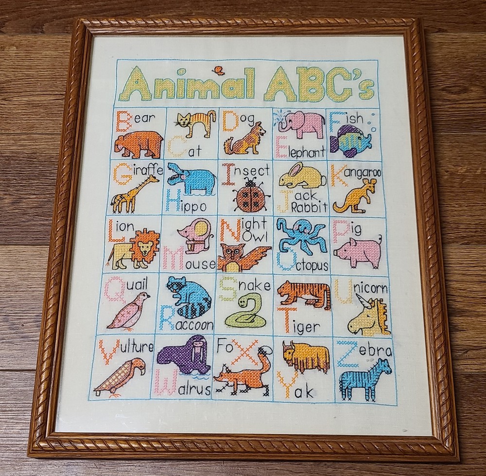 Vintage 1978 Handmade Crossstitch ABC's Framed Wall Art