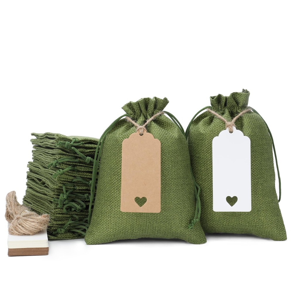 Green Burlap Bags with Drawstring, 5x7 Burlap Favor Sack (Lot of 30) for Wrap...