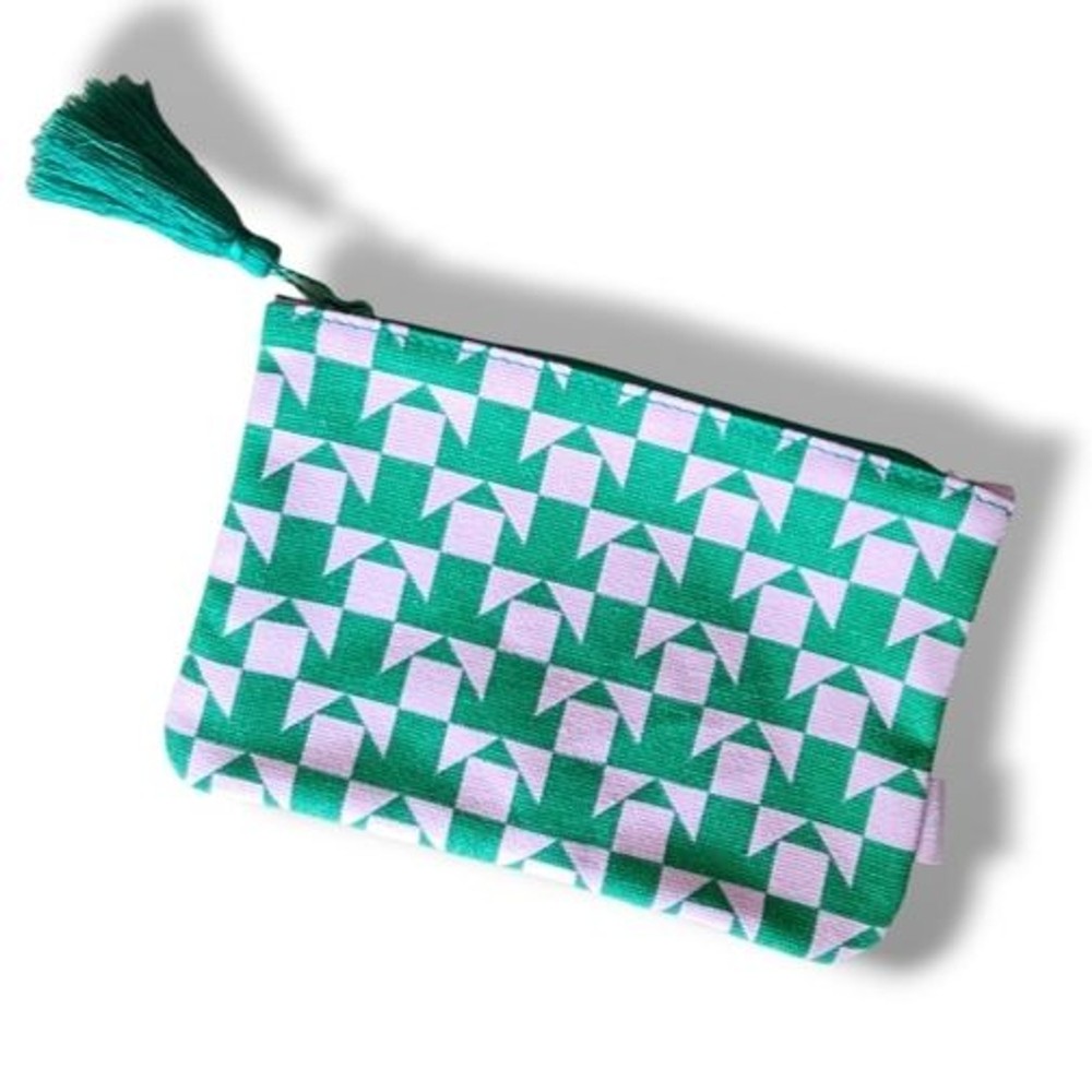 Ipsy Tassel Zippered Cosmetic Bag Geometric Green & Soft Pink Pouch Toiletries