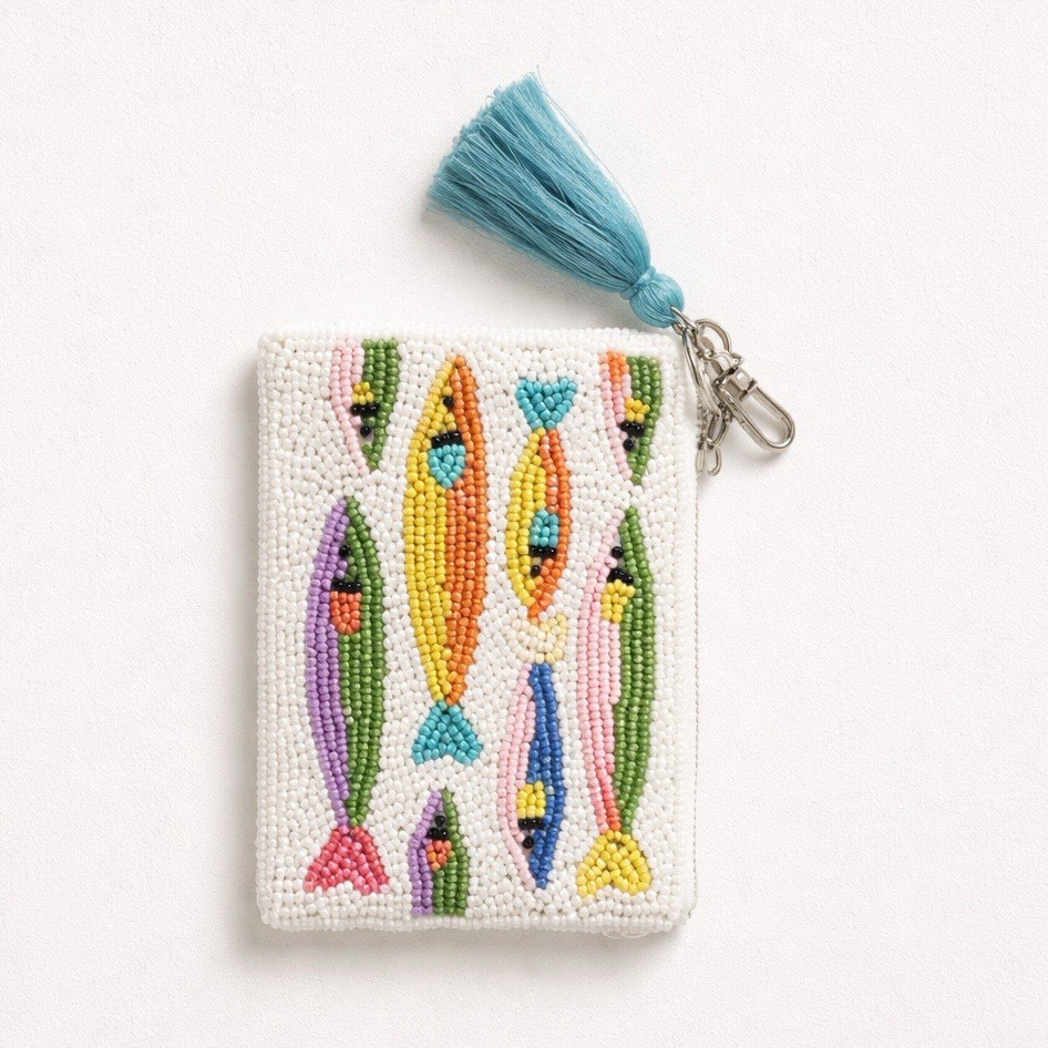 Sol and Mer Handmade Beaded Fish Pouch Wallet with Key Ring, Tassel, Multicolor