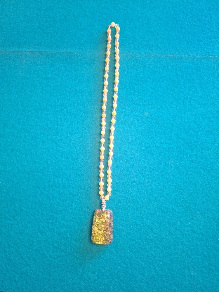 Golden Jade Citrine Beaded Necklace Featuring Golden Amber Rectangular Pendant