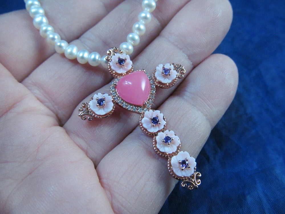 NEW Sterling Silver Rose Gold Vermeil Cross Pendant Amethyst Carved Coral Pearls