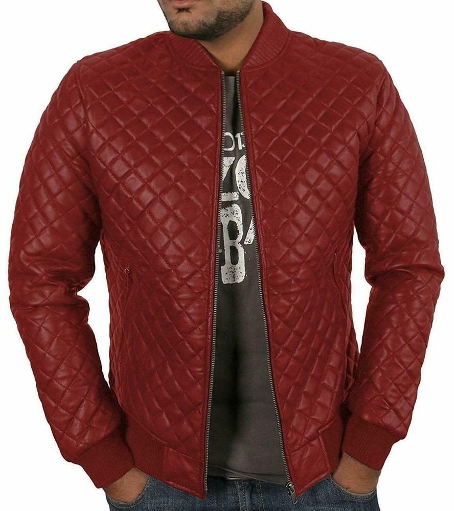 Men Red Bomber Leather Jacket Quilted Pure Lambskin Coat