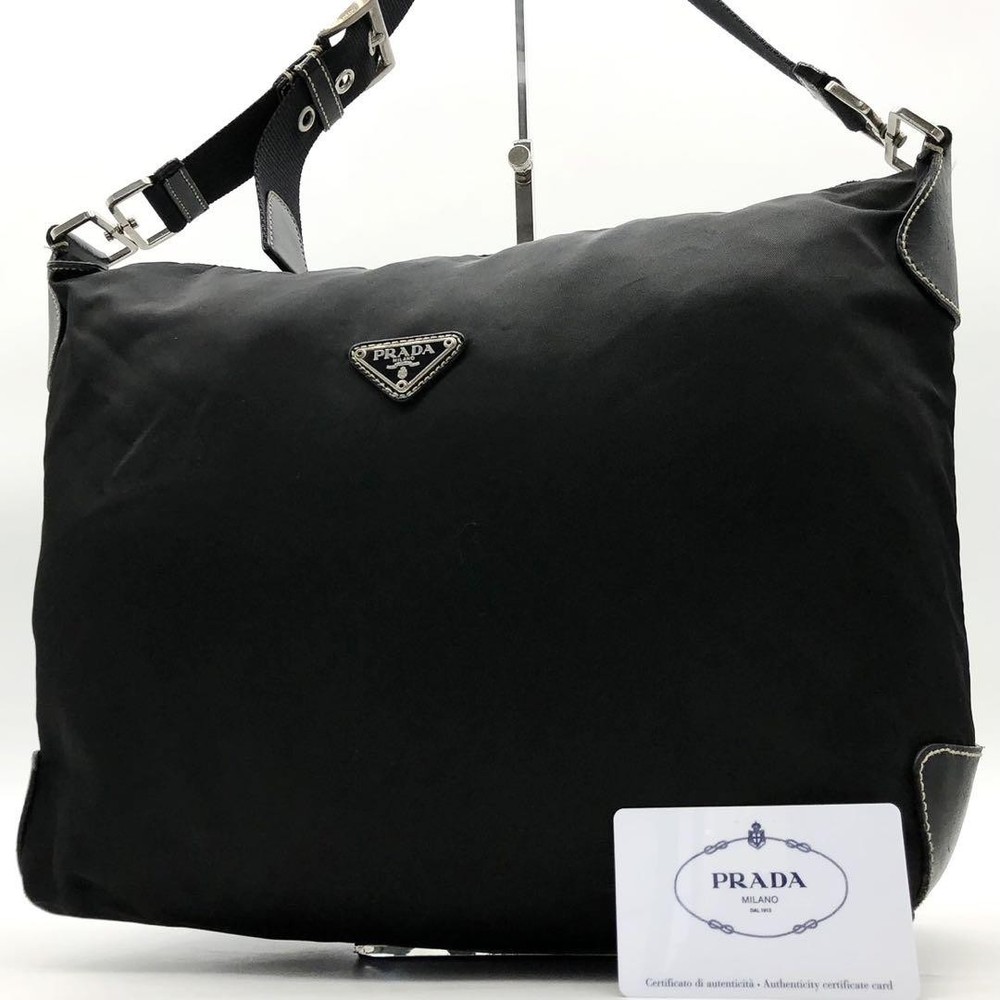PRADA Black Nylon Shoulder Bag with Leather Triangle Logo Japan Import