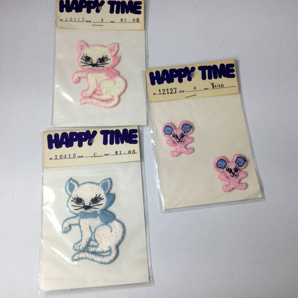 Happy Time 3 Sew On Applique Patches Cats Mouse Pink Blue White New