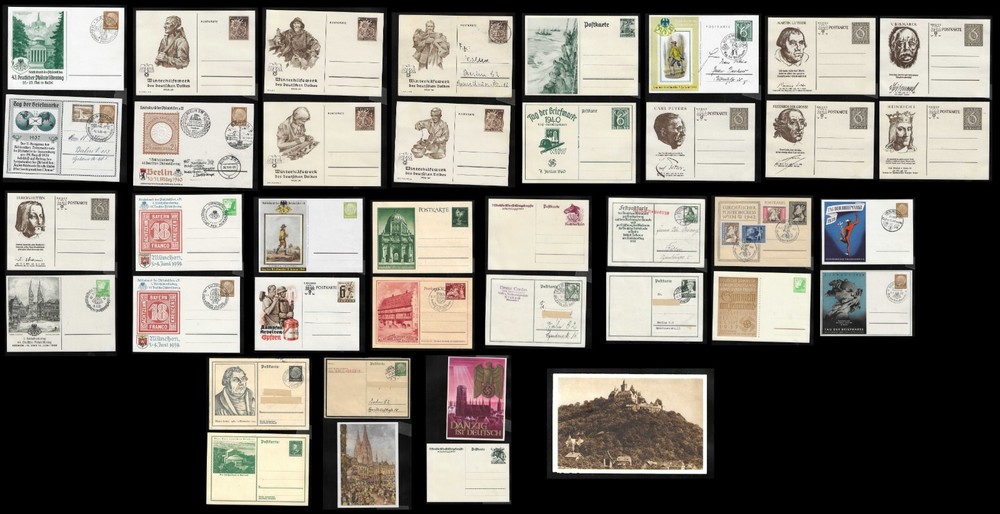 GERMANY 1933-42 COLLECTION OF 36+ PRESTAMPED POSTAL CARDS MINT & USED SP CANCELS