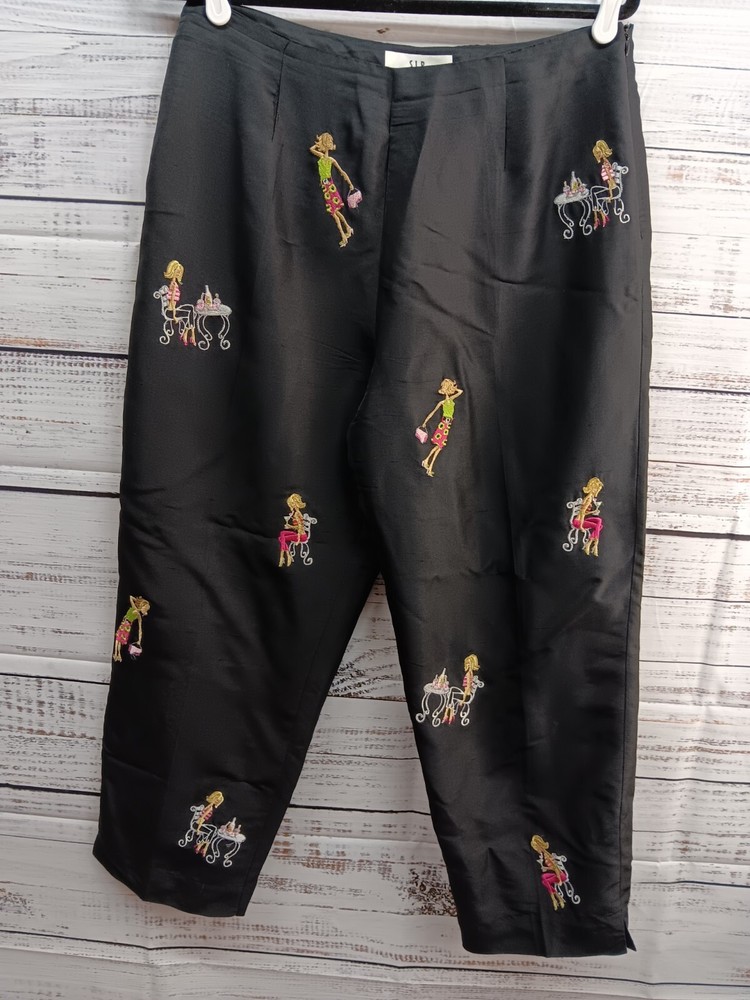 SLB Ankle Pants Women's 10 Embroidered 100% Silk Novelty Black Vintage