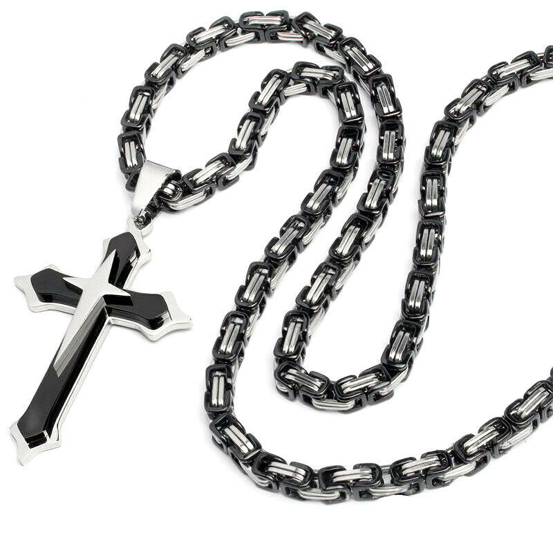 Men Boy Cross Pendant Necklace Stainless Steel Heavy Black Byzantine Chain