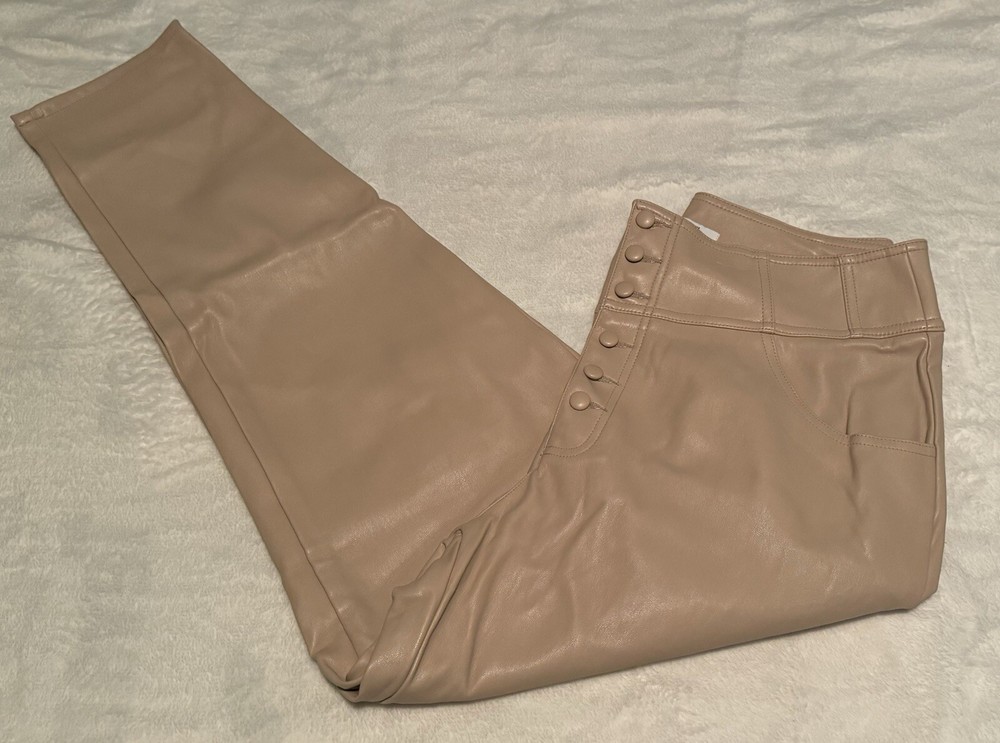 New bar III tan faux leather high rise straight leg ankle pants stretch size 14