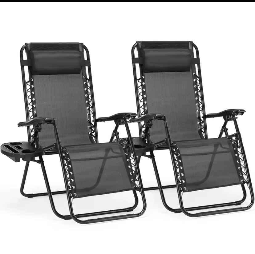Set of 2 Adjustable Steel Mesh Zero Gravity Lounge Chairs with Pillows and Cup Holder