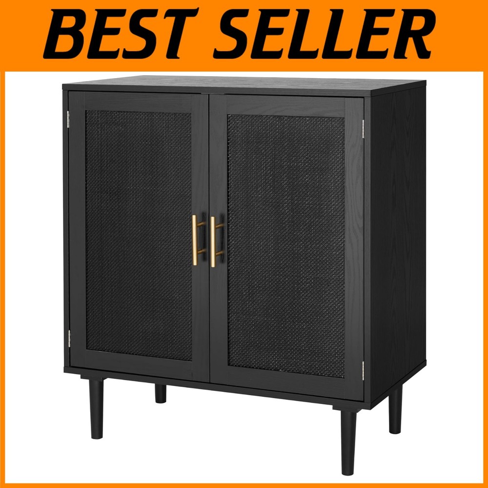 Black Rattan Door Kitchen Storage Cabinet – 31.5