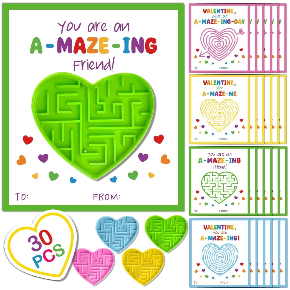 30-Piece Heart Maze Puzzle Valentines Favors for Kids Classroom Fun