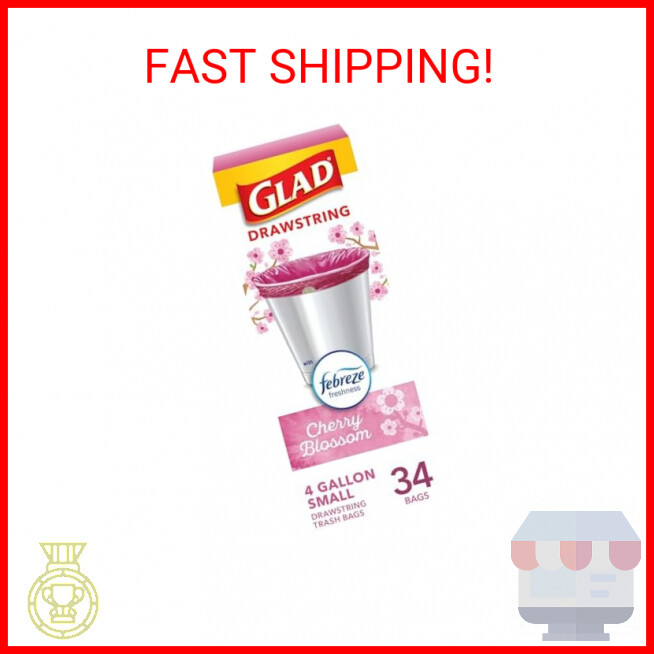 Glad Odorshield Small Drawstring Trash Bags, 4 Gal, Pink, Cherry Blossom, 34 Ct,