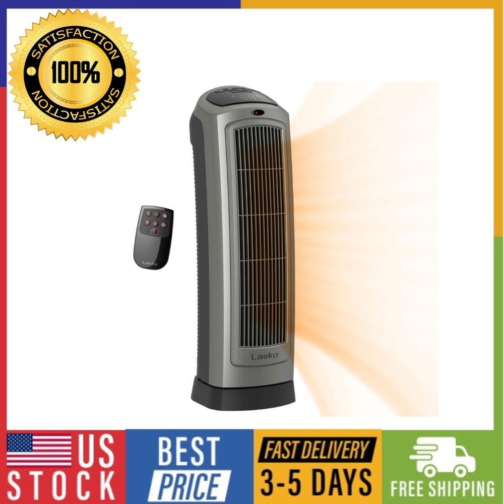 Lasko 22 Inch 1500W Ceramic Oscillating Tower Heater with Remote in Gray  