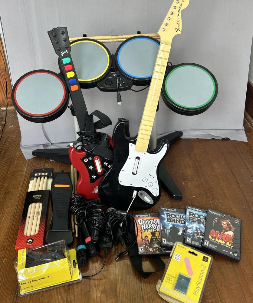 PlayStation Rock Band Guitar Hero Bundle PS2 PS3 2 Guitars Drums Mics Games More
