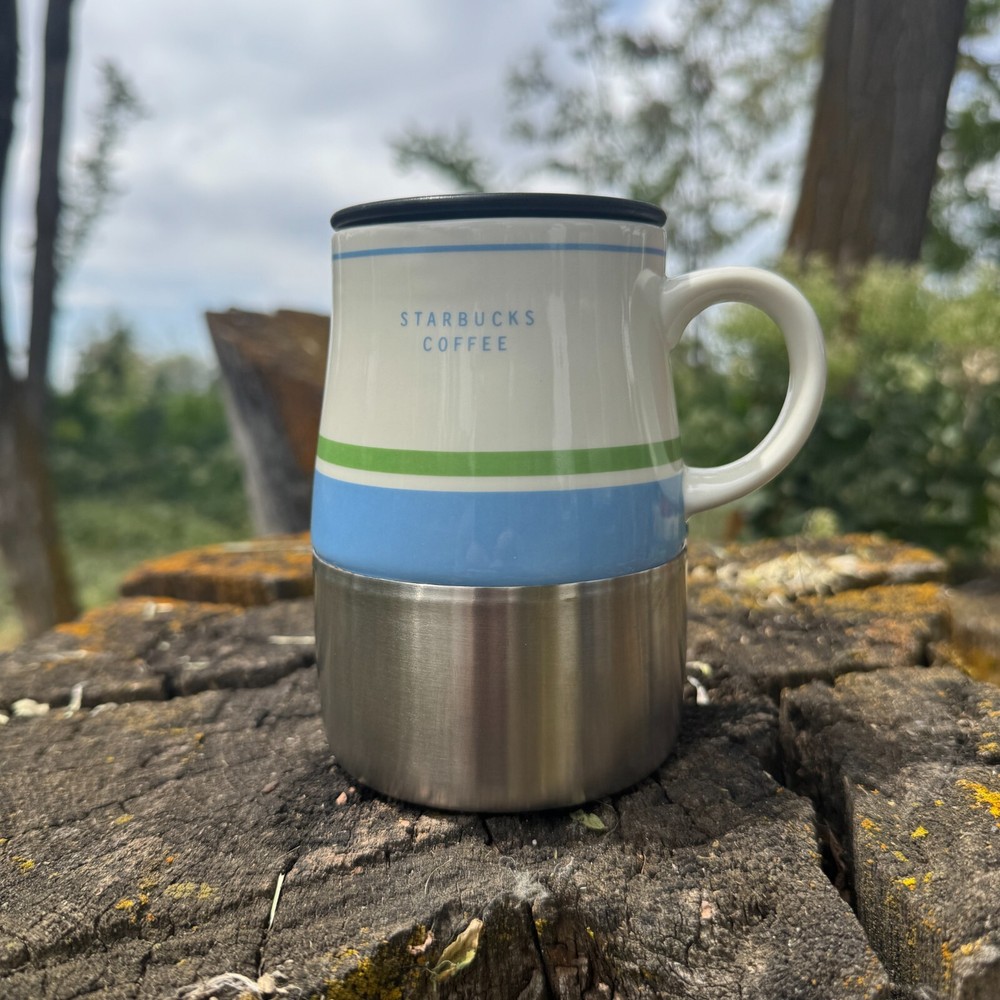 (2) STARBUCKS 2004/05 | Travel Mug No Slip Stainless Bottom w/Lid 14 oz Ceramic