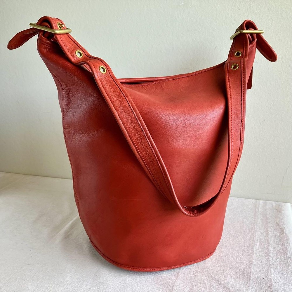 Vintage Coach XL Red Leather Duffle Bucket Bag 80s Rare Authentic