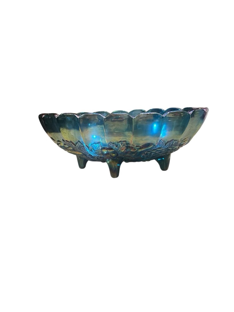Vintage Indiana Glass Co. Harvest Grape Iridescent Blue Oval Footed Fruit Bowl