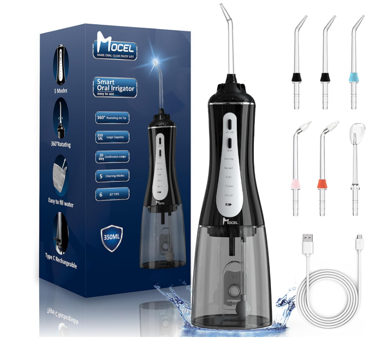 Water Dental Flosser 350ML Tank, 5 Modes, 6 Tips, Cordless & Rechargeable