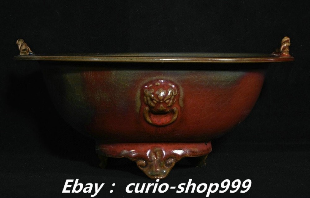 5.9 Inch Antique Song Dynasty Jun Kiln Porcelain Bonsai Pot with Beast Animal Head and Double Ears Design