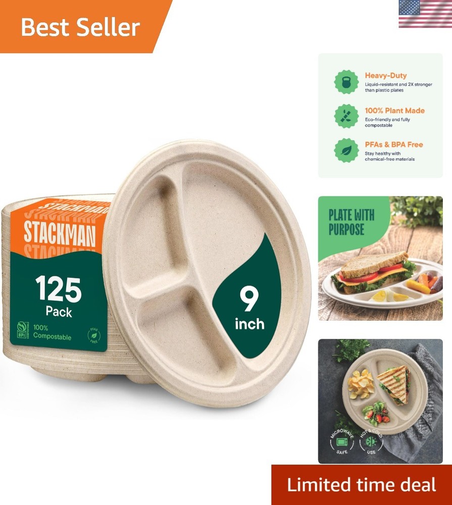 Eco-Friendly 3-Compartment Compostable Paper Plates 125-Pack PFAS Free