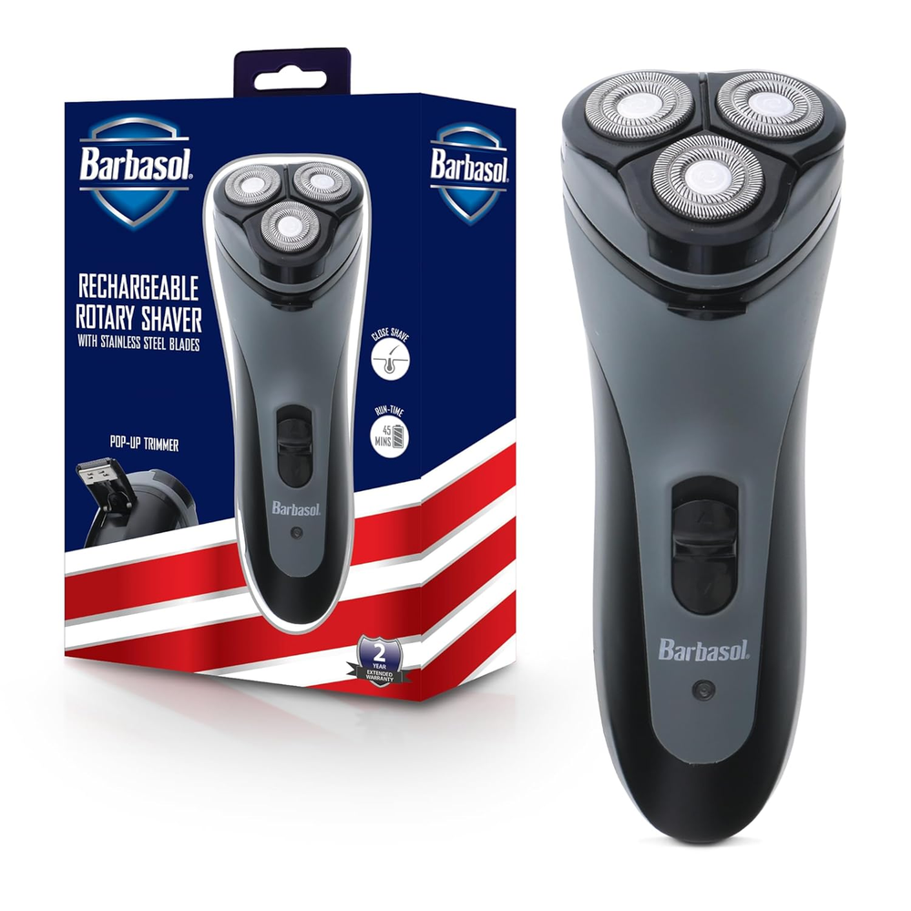 Rechargeable Electric Rotary Shaver with Stainless Steel Blades and Pop Up Trimm