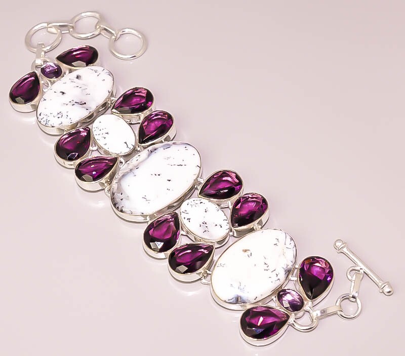Natural Dendrite Opal Amethyst Quartz  925 STERLING SILVER PLATED BRACELET