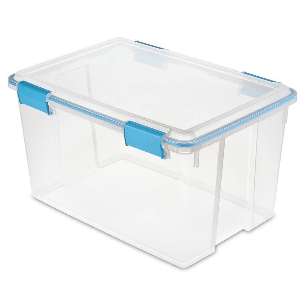 Sterilite 54 Quart Clear Weatherproof Storage Bin with Blue Lid and Gasket Seal