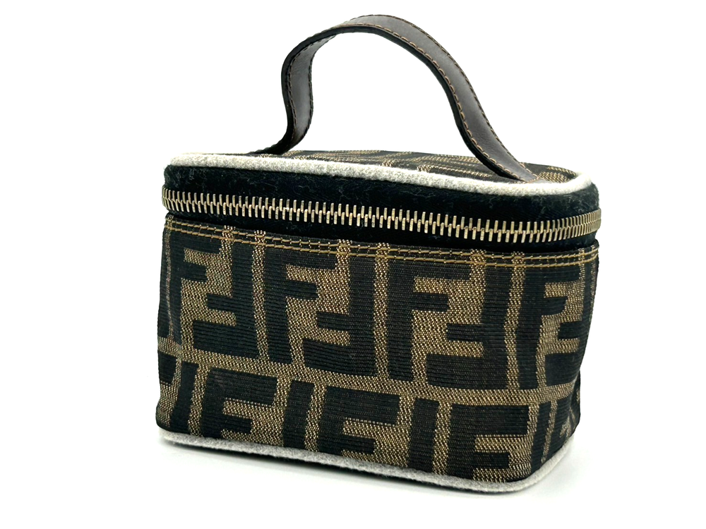 FENDI Mini Zucca Vanity Pouch in Brown Canvas with Leather Trim Authentic