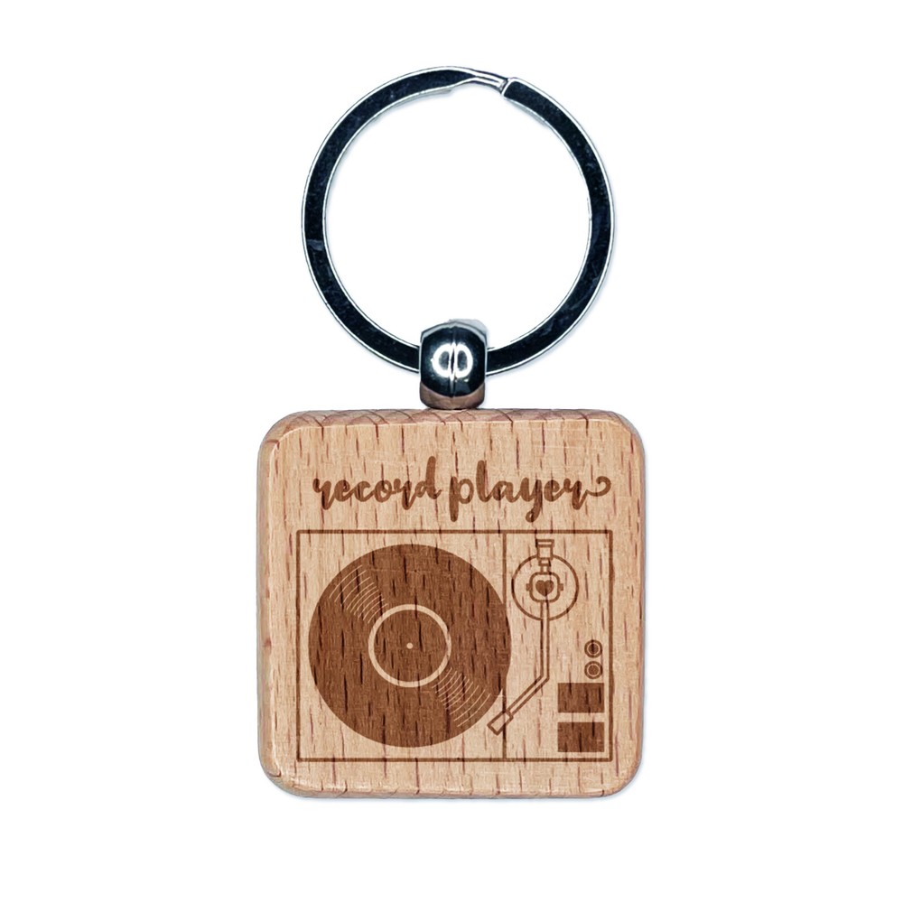 Vintage Wood Record Player Keychain Charm Engraved Retro Design  